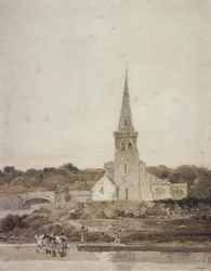 Paysage avec une église au bord d